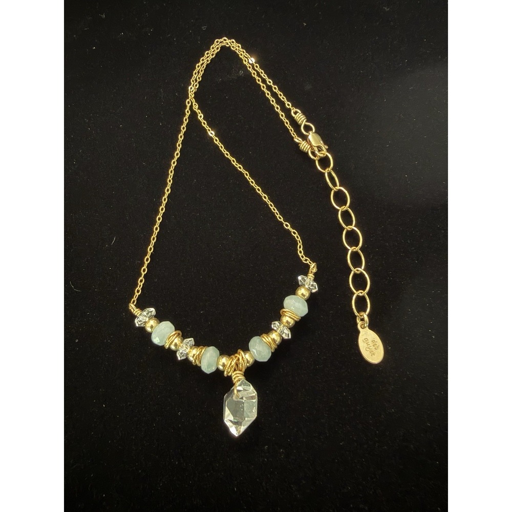 Deb Guyot Aquamarine Bead & Crystal Pendant Necklace 14K GF Adjustable Chain